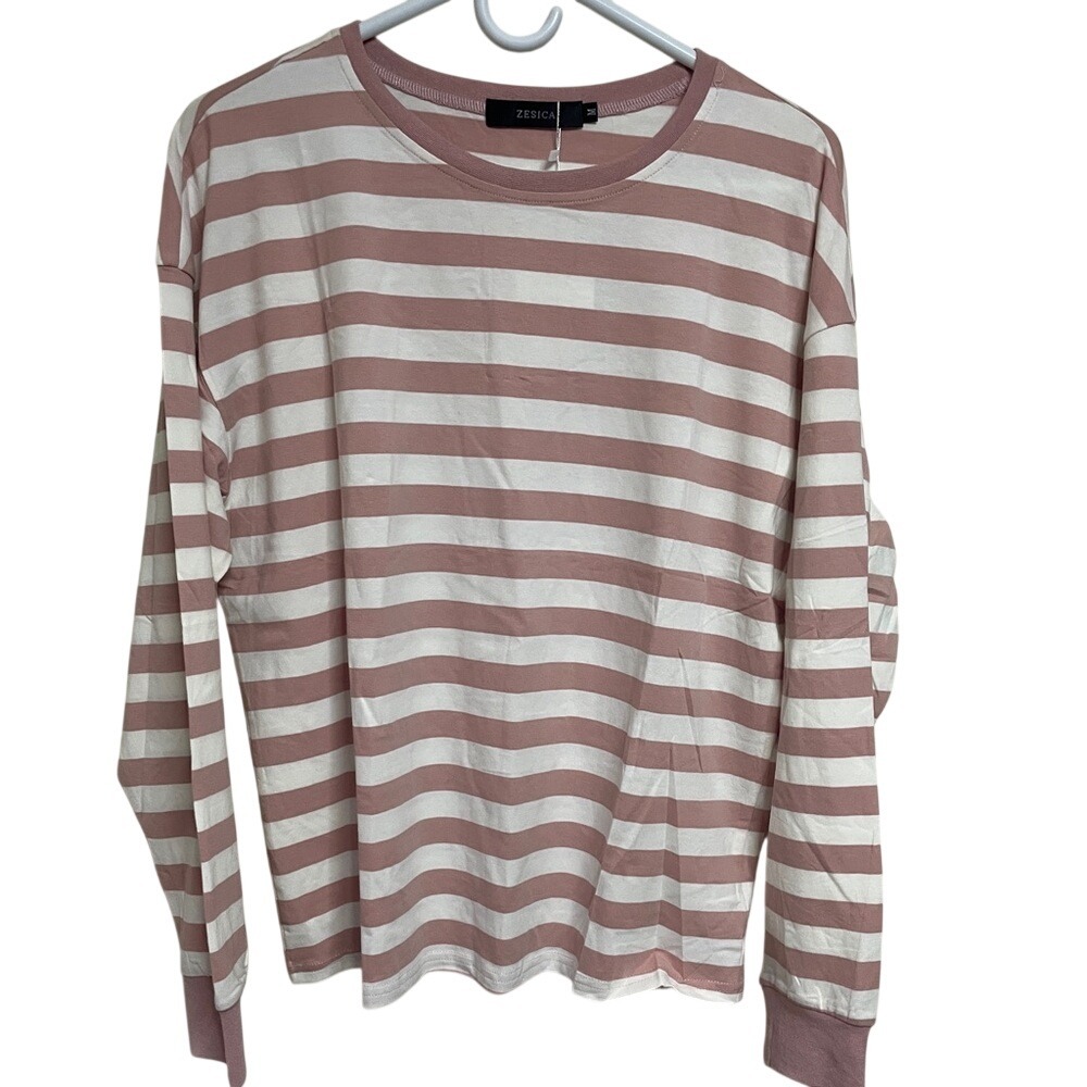 ZESICA Womens Pink White Striped Long Sleeve Crewneck Top Size M NEW
